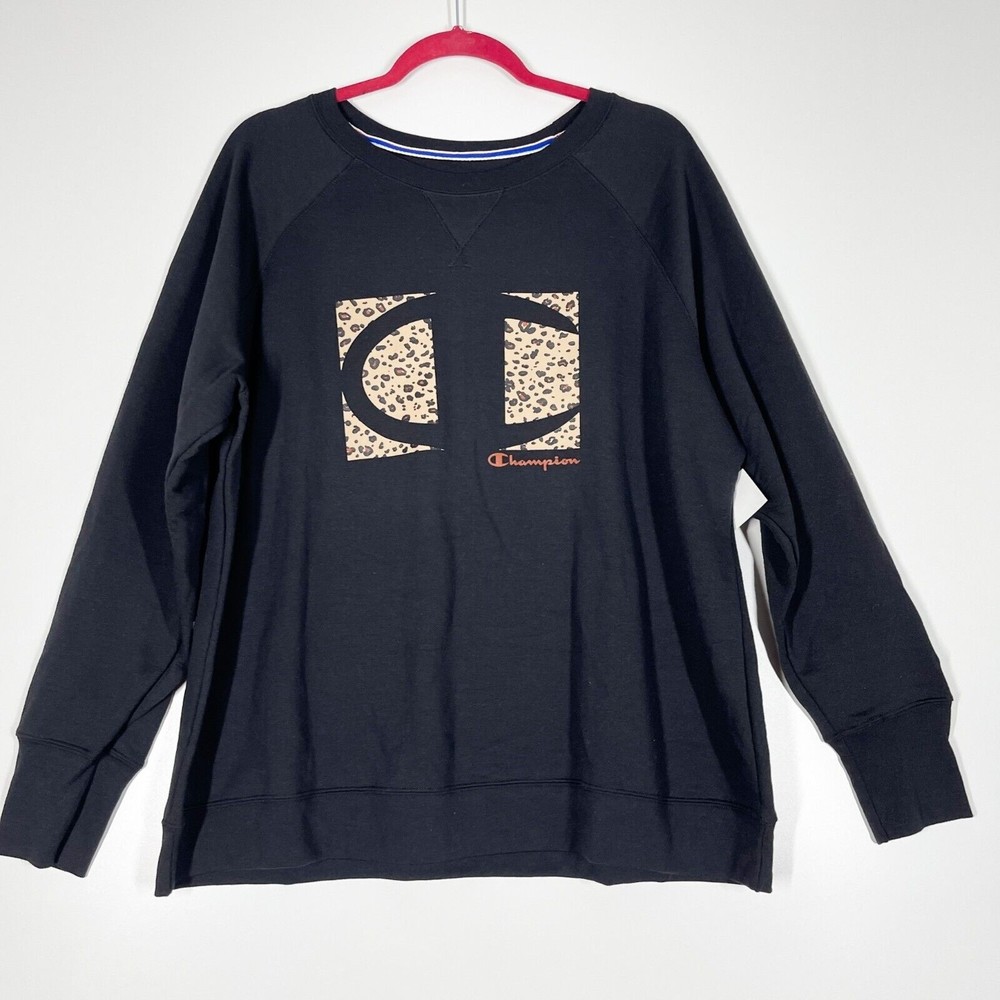 Champion Leopard Print Graphic Logo Pullover Women's Black Long Sleeve Size 2X - Picture 2 of 9